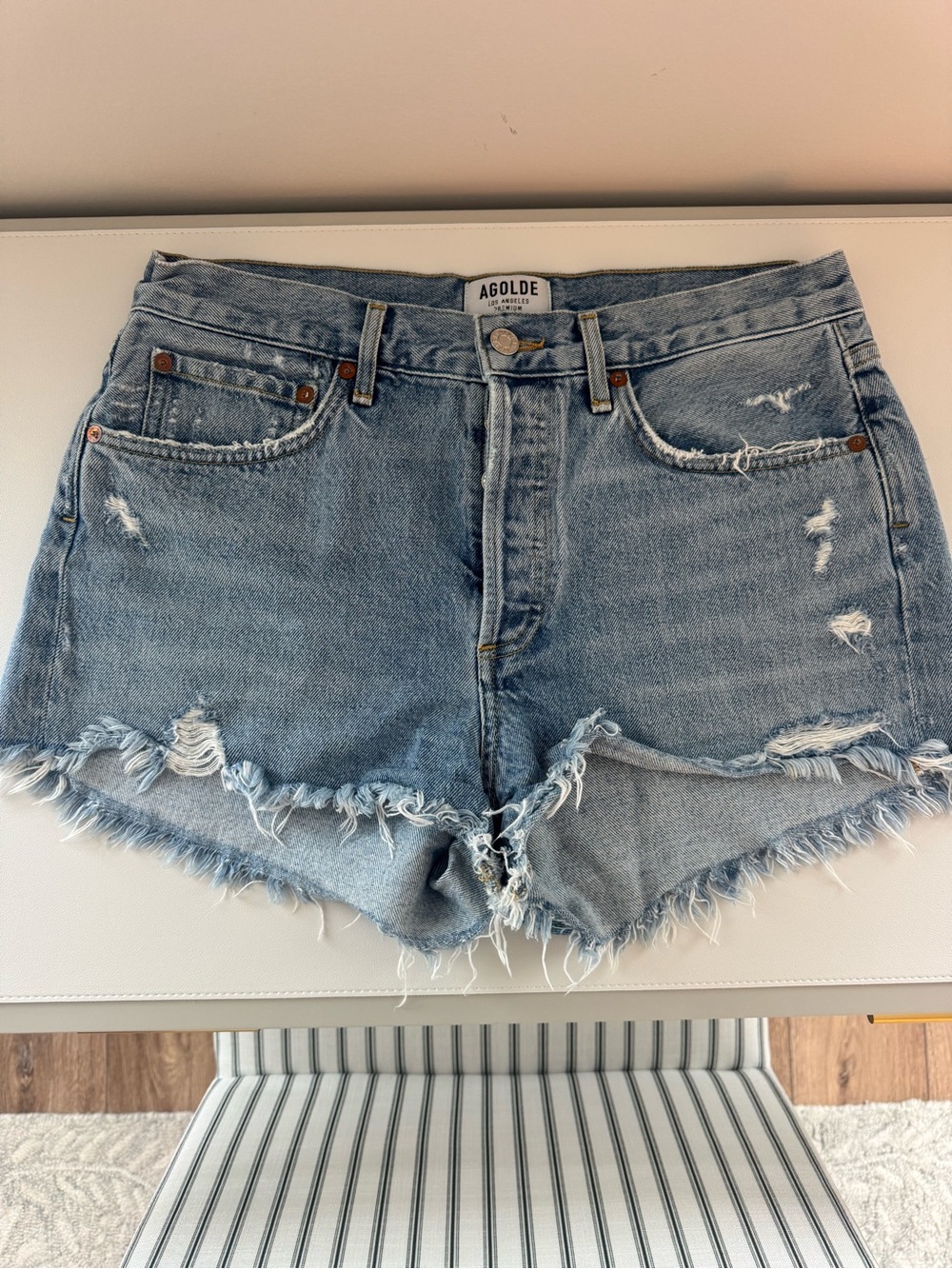 Agolde Washed Blue Distressed Frayed Hem Denim Shorts